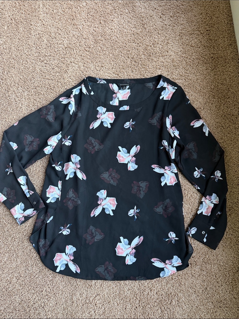Banana Republic Black Floral Long-Sleeve Blouse with Pink & Light Blue Flowers
